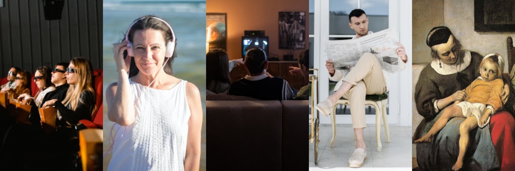 Multimídia-pessoas-no-cinema-mulher-ouvindo-música-pessoas-vendo-tv-homem-lendo-jornal-pintura-de-mulher-cuidando-de-criança